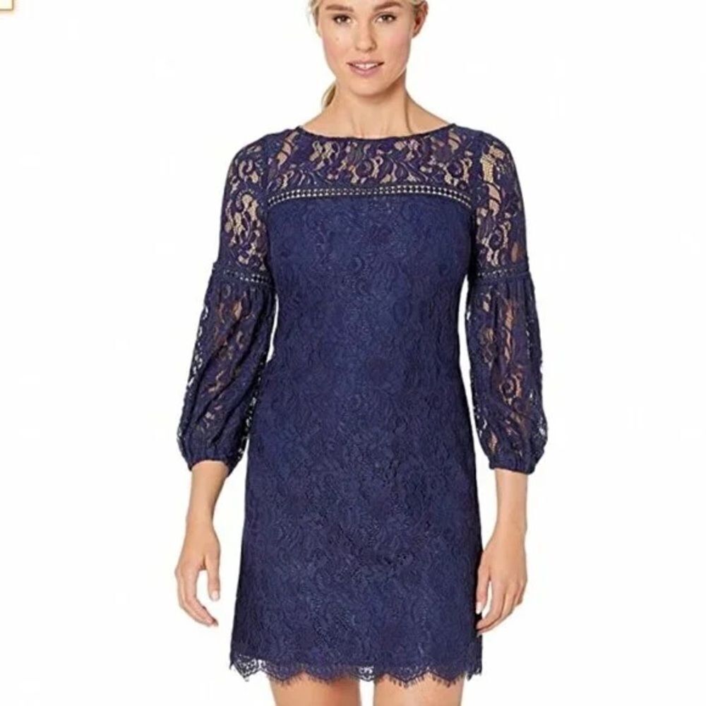NWT Vince Camuto Sheath Dress Woman's Size 10 Navy Blue Lace 3/4 Sleeve